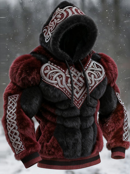 Men's Vintage Viking Tribal Jacquard Celtic Muscle Line Inspired Art Plush Warm Hoodie