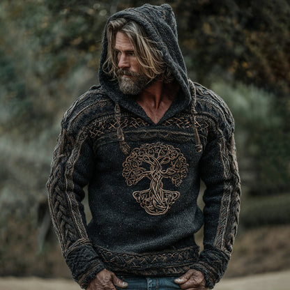 Men's Viking Tribal Tree Of Life Jacquard Knitted Hooded Sweater