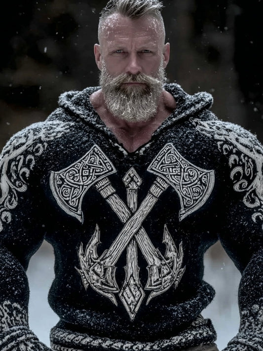 Men's Vintage Viking Axes Celtic Cozy Knit Hooded Sweater