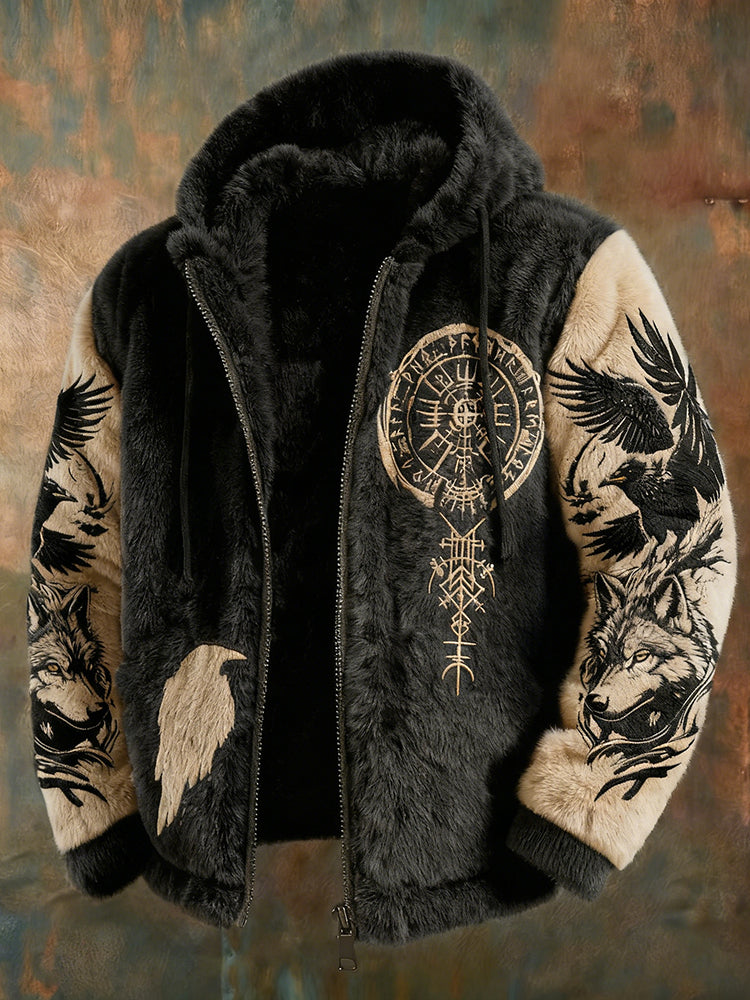 Men's Viking Tribal Jacquard Crow Inspired Plush Warm Zipped Hooded Jacket