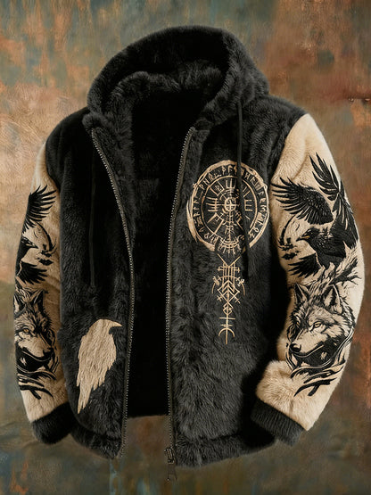 Men's Viking Tribal Jacquard Crow Inspired Plush Warm Zipped Hooded Jacket