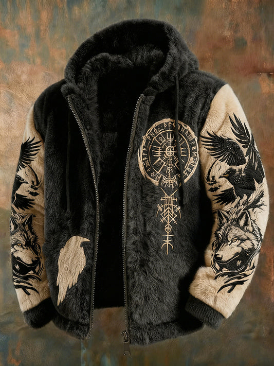 Men's Viking Tribal Jacquard Crow Inspired Plush Warm Zipped Hooded Jacket