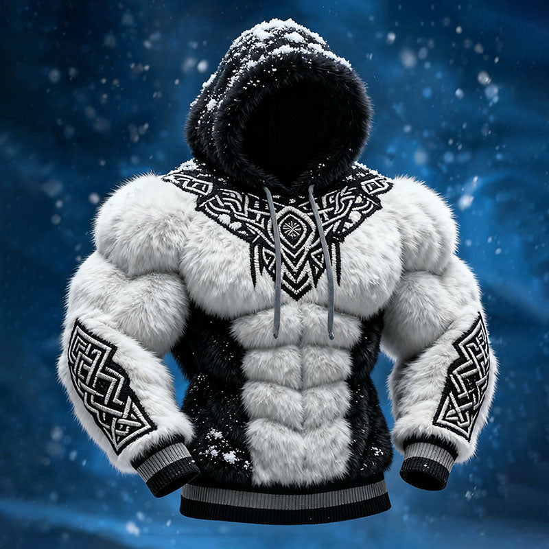 Men's Viking Tribal Jacquard Celtic Inspired Muscle Line Art Plush Warm Hoodie