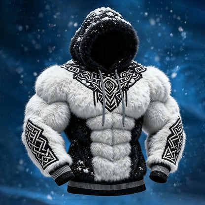 Men's Viking Tribal Jacquard Celtic Inspired Muscle Line Art Plush Warm Hoodie
