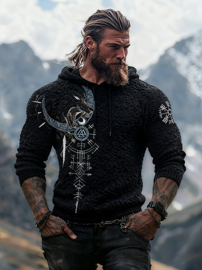 Viking Wolf Runes Design Men's Flannel Hoodie Sweater