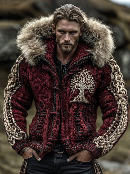 Men's Viking Life Of Tree Celtic Knot Art Warm Christmas Knit Hooded Jacket