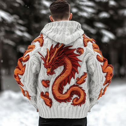 Men's Viking Dragon Celtic Thick Knit Zip-up Hooded Sweater