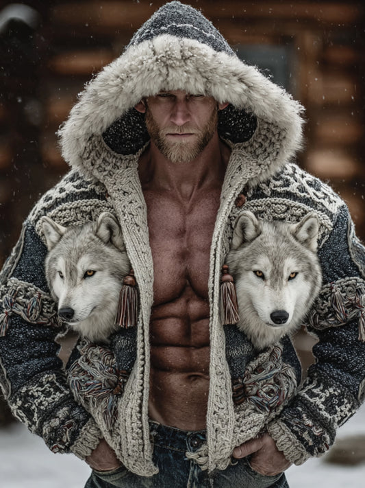 Men's Viking Style Wolf Head Embroidered Celtic Knot Thick Needle Hooded Sweater