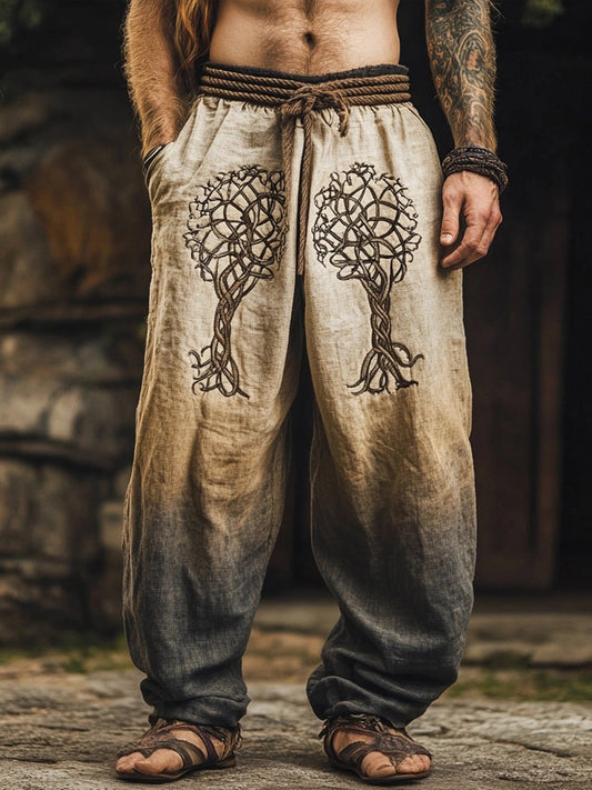 Men's Vintage Viking Tree Of Life Embroidered Gradient Linen Pants