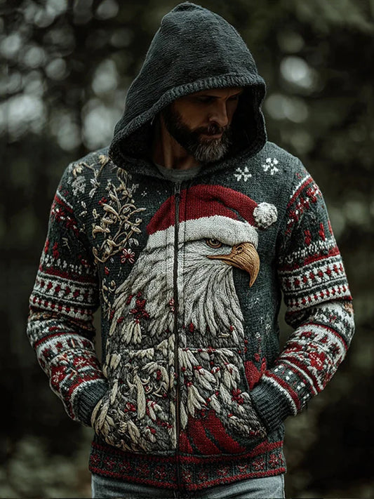 Men's Viking Christmas Eagle Pattern Cozy Knit Zip Up Hooded Sweater