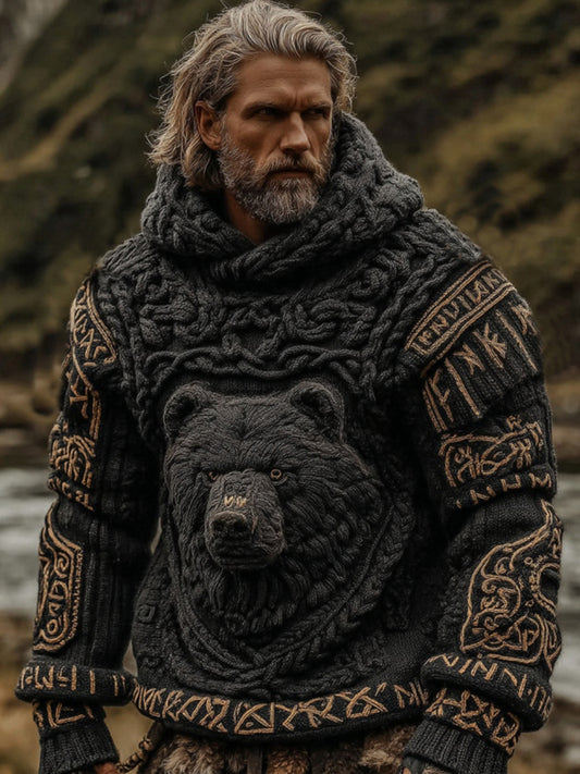 Men's Viking Brown Bear Jacquard Knitted Hooded Sweater