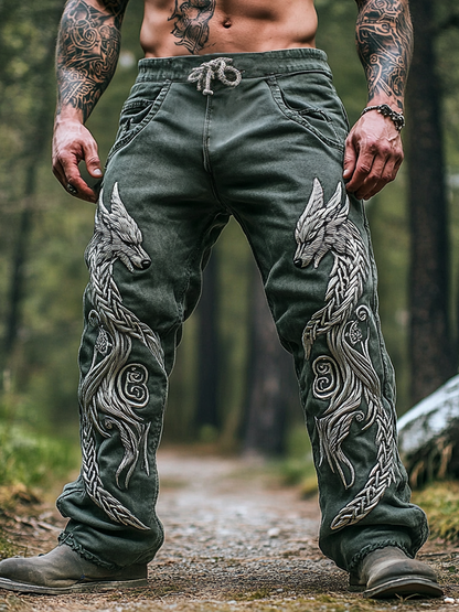 Mens Vintage Viking Wolf Celtic Knot Art Linen Lounge Pants