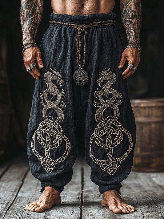 Men's Retro Viking Tribal Dragon Celtic Knot Art Casual  Linen Pants