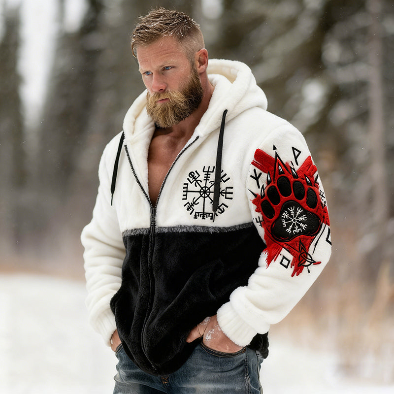 Men's Viking Tribal Jacquard Celtic With Bear Paw Inspired Art Plush Warm Zipped Hooded Jacket