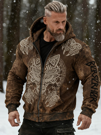 Men's Retro Viking Wolf Totem Distressed Zipper Hoodie