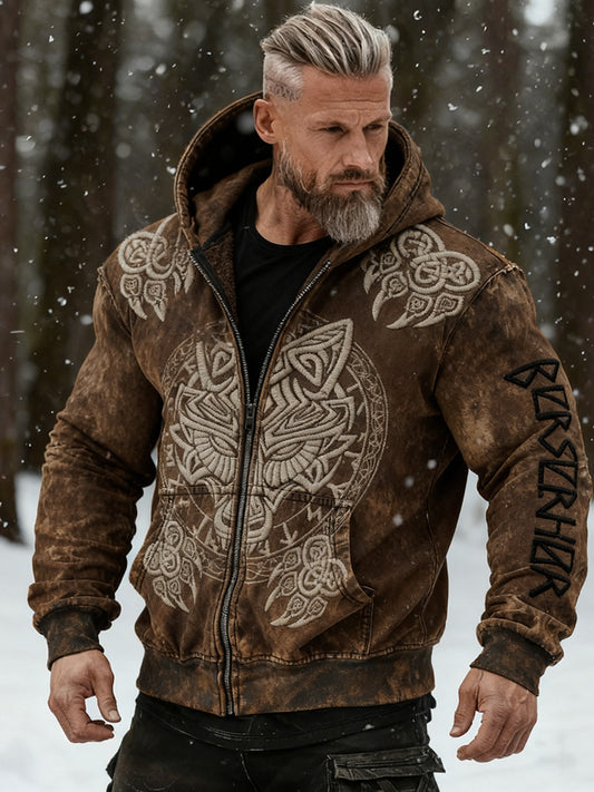 Men's Retro Viking Wolf Totem Distressed Zipper Hoodie