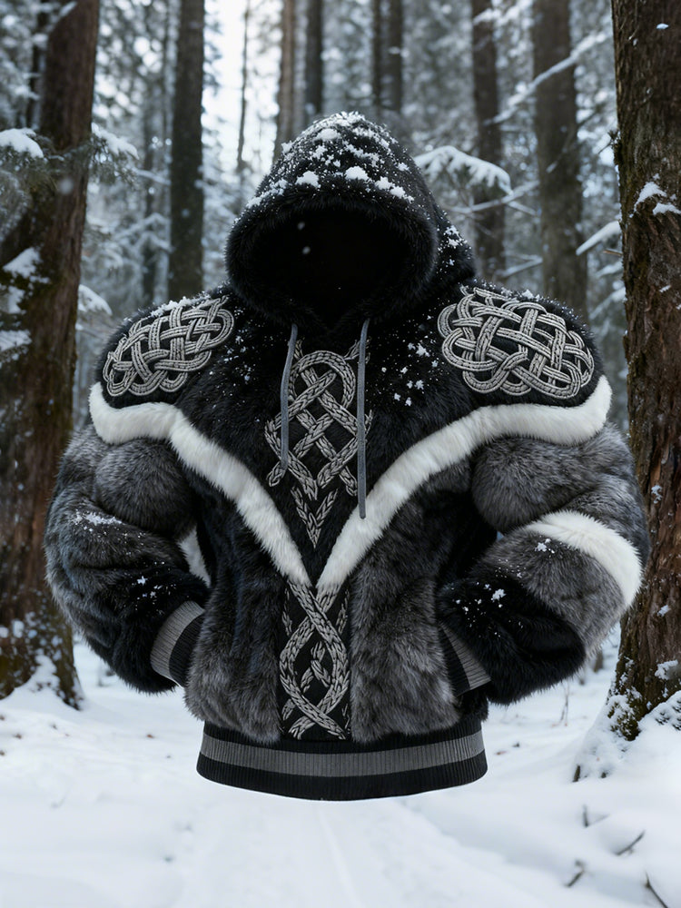 Men's Viking Tribal Jacquard Art Inspired Muscle Line Art Plush Warm Hoodie