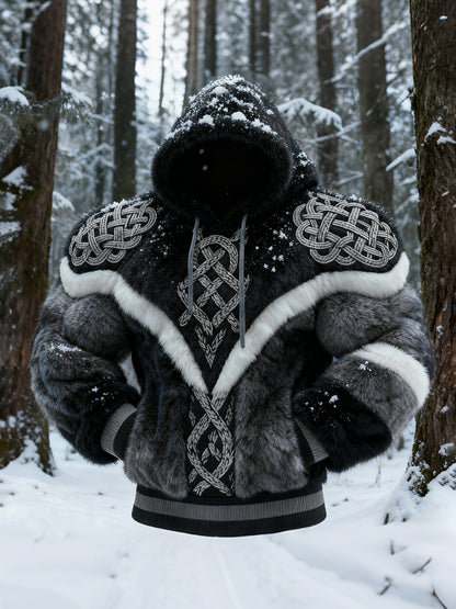 Men's Viking Tribal Jacquard Art Inspired Muscle Line Art Plush Warm Hoodie