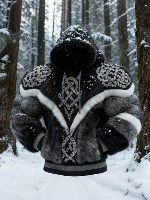 Men's Viking Tribal Jacquard Art Inspired Muscle Line Art Plush Warm Hoodie