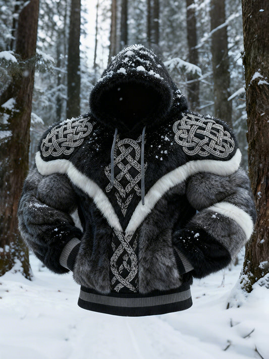 Men's Viking Tribal Jacquard Art Inspired Muscle Line Art Plush Warm Hoodie