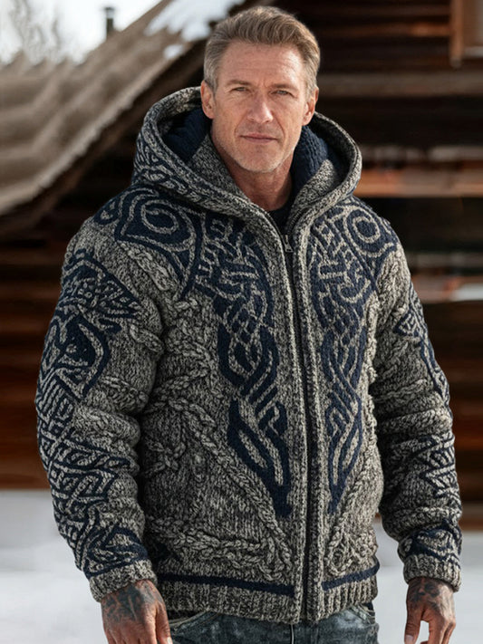 Men's Vintage Viking Celtic Knot Print Knit Hooded Zip Up Sweater