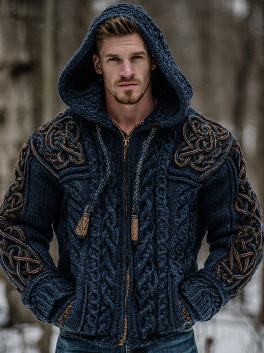 Men's Vintage Viking Celtic Knot Art Chunky Knit Hooded Zip-up Sweater