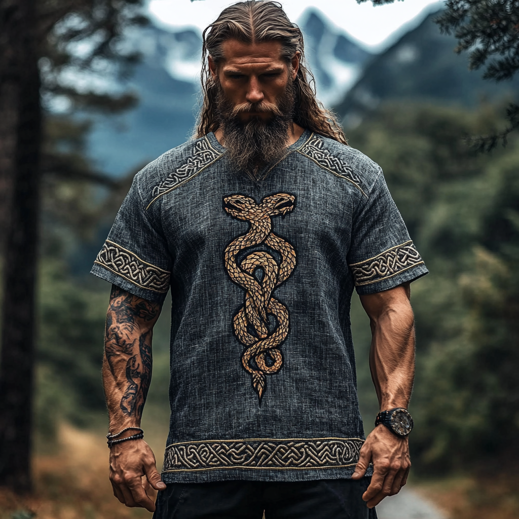 Men's Viking Celtic Knot Twin Snake Linen Shirt
