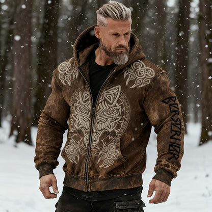 Men's Retro Viking Wolf Totem Distressed Zipper Hoodie