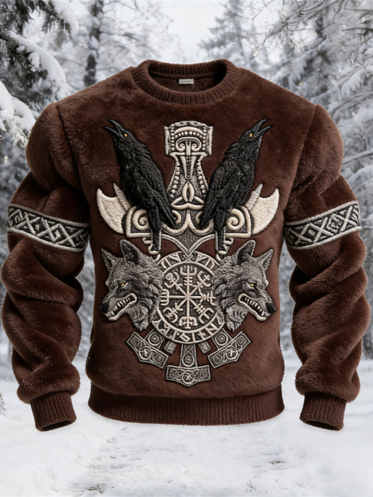 Viking Wolf & Raven Totem Men's Flannel Sweatshirt