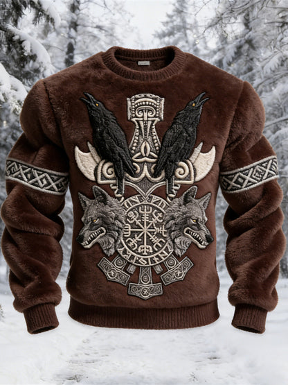 Viking Wolf & Raven Totem Men's Flannel Sweatshirt