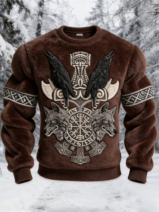 Viking Wolf & Raven Totem Men's Flannel Sweatshirt