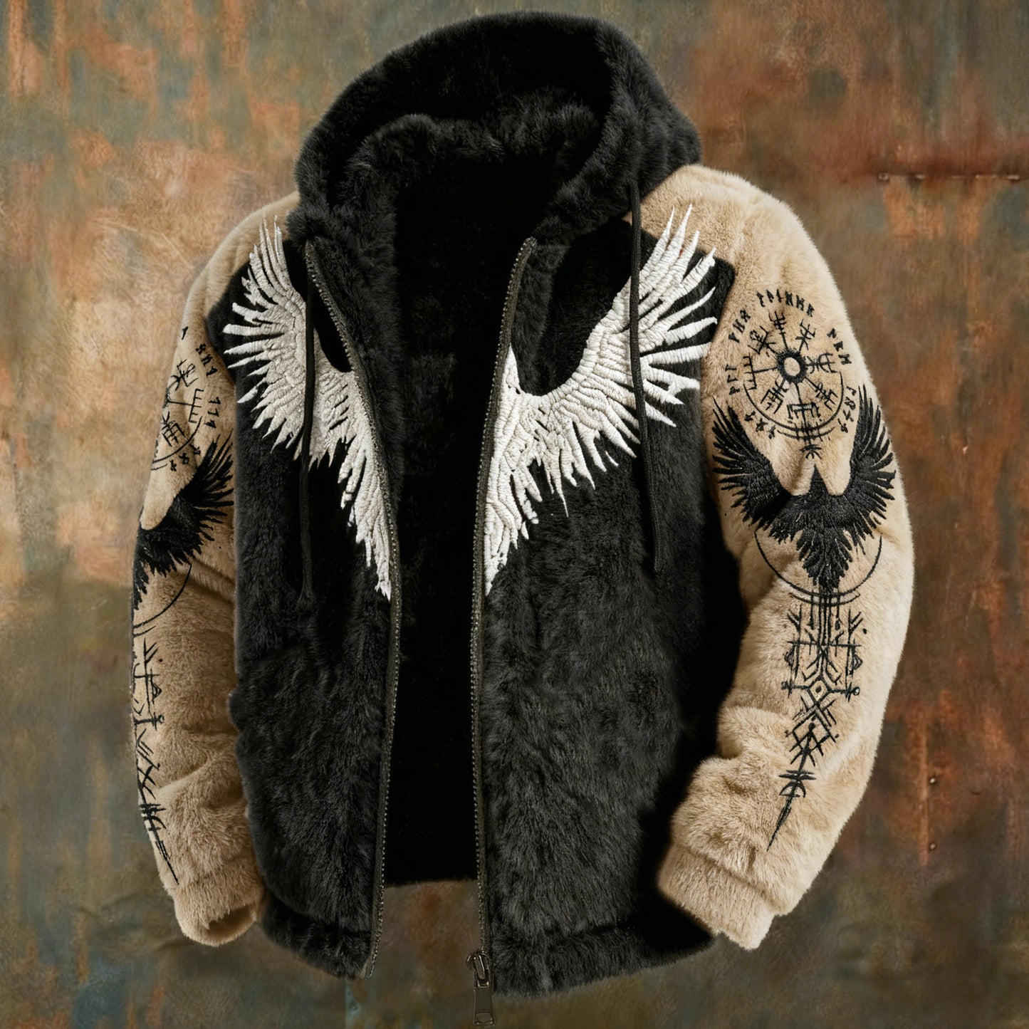 Men's Viking Tribal Jacquard Celtic With Crows & Wings Inspired Plush Warm Zipped Hooded Jacket