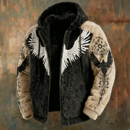 Men's Viking Tribal Jacquard Celtic With Crows & Wings Inspired Plush Warm Zipped Hooded Jacket