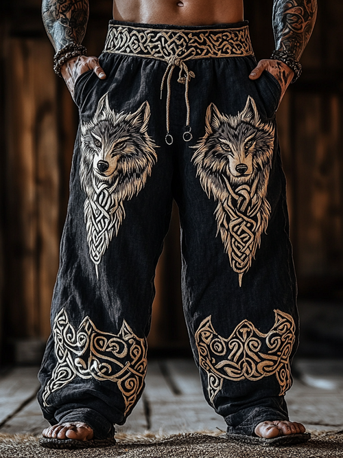 Men's Viking Celtic Knot Wolf Art Linen Blend Wide Leg Pants