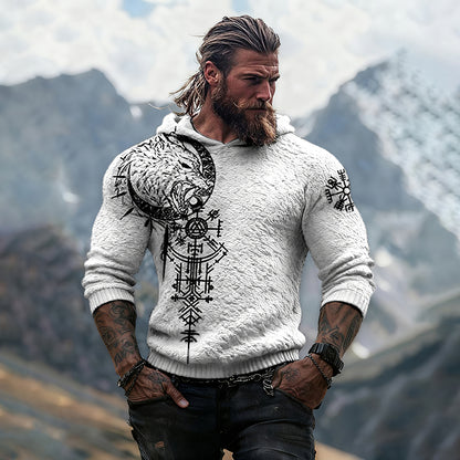 Viking Wolf Runes Design Men's Flannel Hoodie Sweater