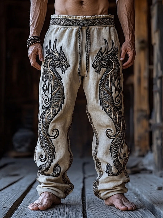 Men's Retro Viking Dragon Celtic Knot Art Linen Pants