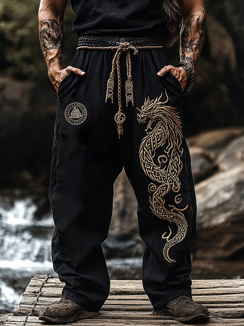 Men's Vintage Viking Dragon Art Linen Pants