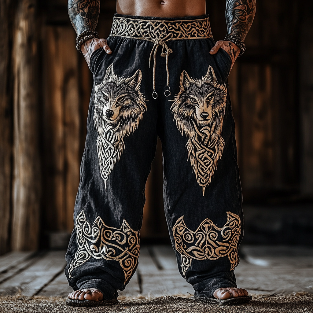 Men's Viking Celtic Knot Wolf Art Linen Blend Wide Leg Pants