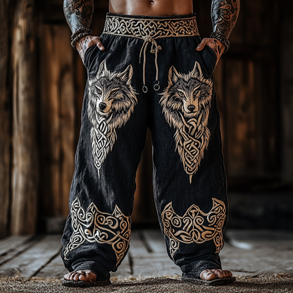 Men's Viking Celtic Knot Wolf Art Linen Blend Wide Leg Pants