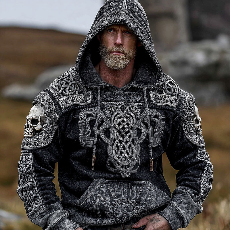 Viking Skull And Celtic Knot Inspired Tribal Distressed Washed Hoodie