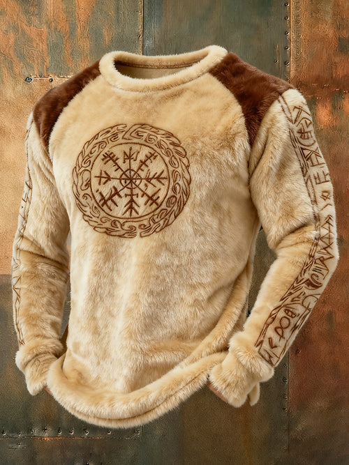Men's Nordic Viking Totem Rune Patchwork Art Cozy Flannel Hoodie