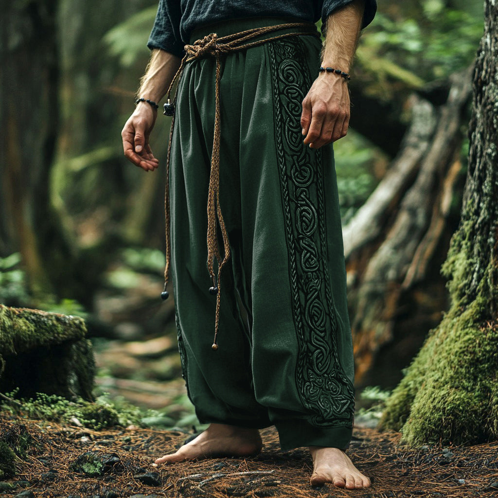 Vintage Tribal Viking Celtic Embroidery Art Linen Long Loose Wide-leg Pants