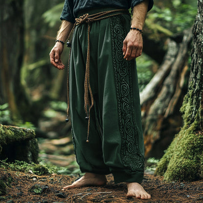 Vintage Tribal Viking Celtic Embroidery Art Linen Long Loose Wide-leg Pants