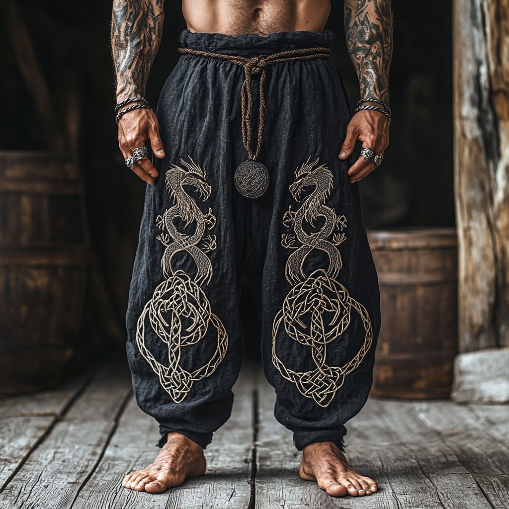Men's Retro Viking Tribal Dragon Celtic Knot Art Casual  Linen Pants