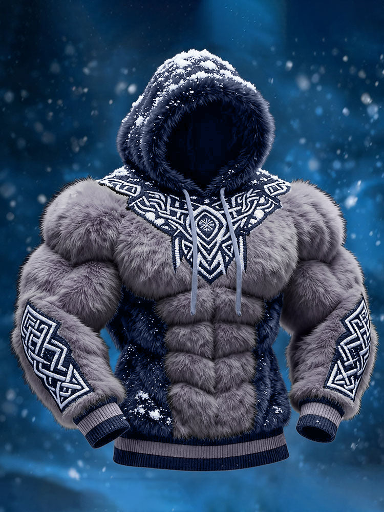 Men's Viking Tribal Jacquard Celtic Inspired Muscle Line Art Plush Warm Hoodie