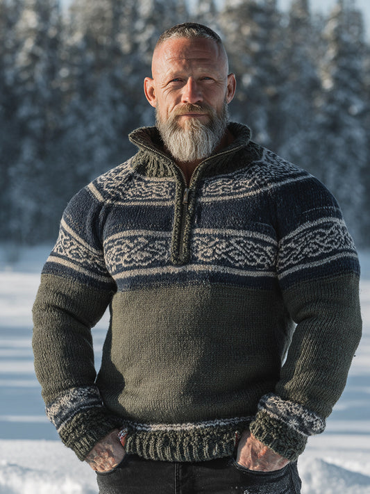 Men's Viking Celtic Knot Pattern Cozy Knit Half Zipped Sweater