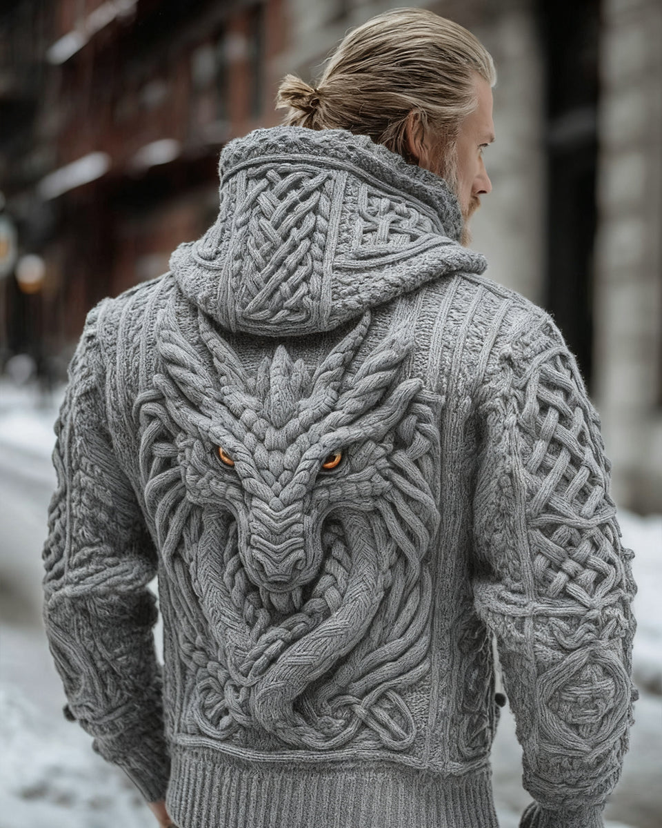 Men's Vintage Viking Dragon Style Celtic Knot Art Chunky Knit Hooded Zip-up Sweater