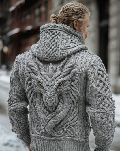 Men's Vintage Viking Dragon Style Celtic Knot Art Chunky Knit Hooded Zip-up Sweater