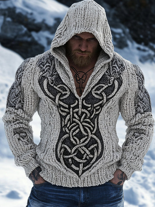 Retro Viking Celtic Jacquard Chunky Hooded Sweater