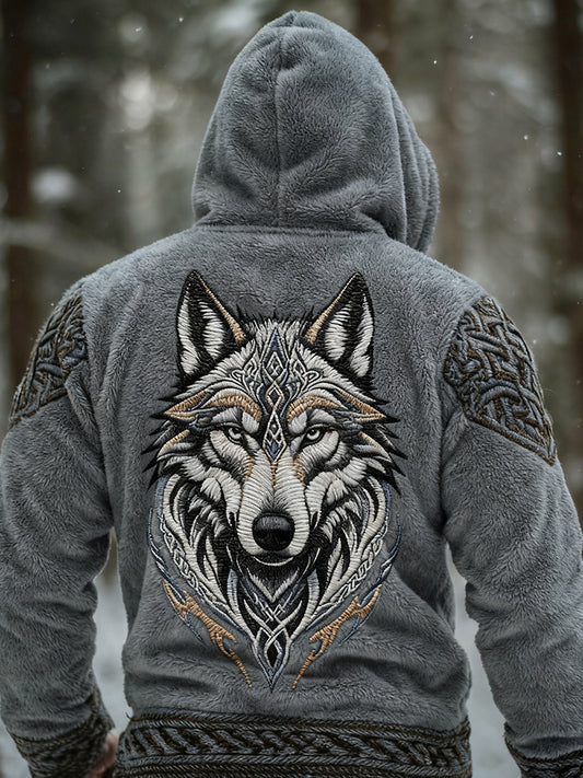 Men's Retro Viking Wolf Celtic Knot Art Flannel Hoodie